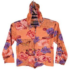 Womens Jane Ashley Orange Purple Floral Butterfly Hoodie Jacket Full Zip Size L